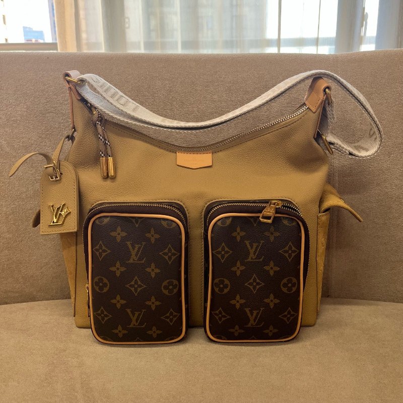 芯片款 路易威登/Louis Vuitton Hobo Cargo 卡其色配老花 雙袋肩背包-5