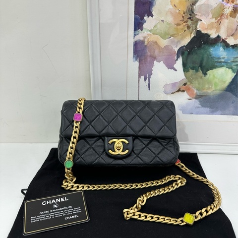 Chanel 香奈兒五彩寶石鏈 黑色羊皮大mini 「薩諾斯」同款配色 30開有卡