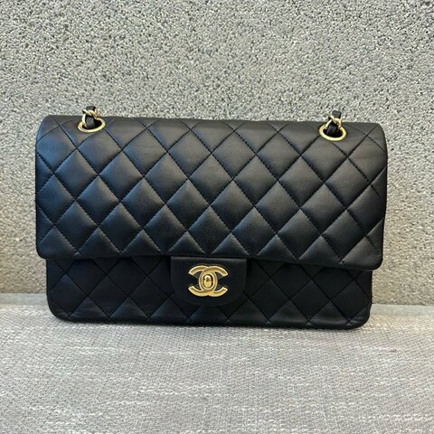 近新品 香奈兒/Chanel CF繫列中號黑金羊皮菱格紋鏈條包