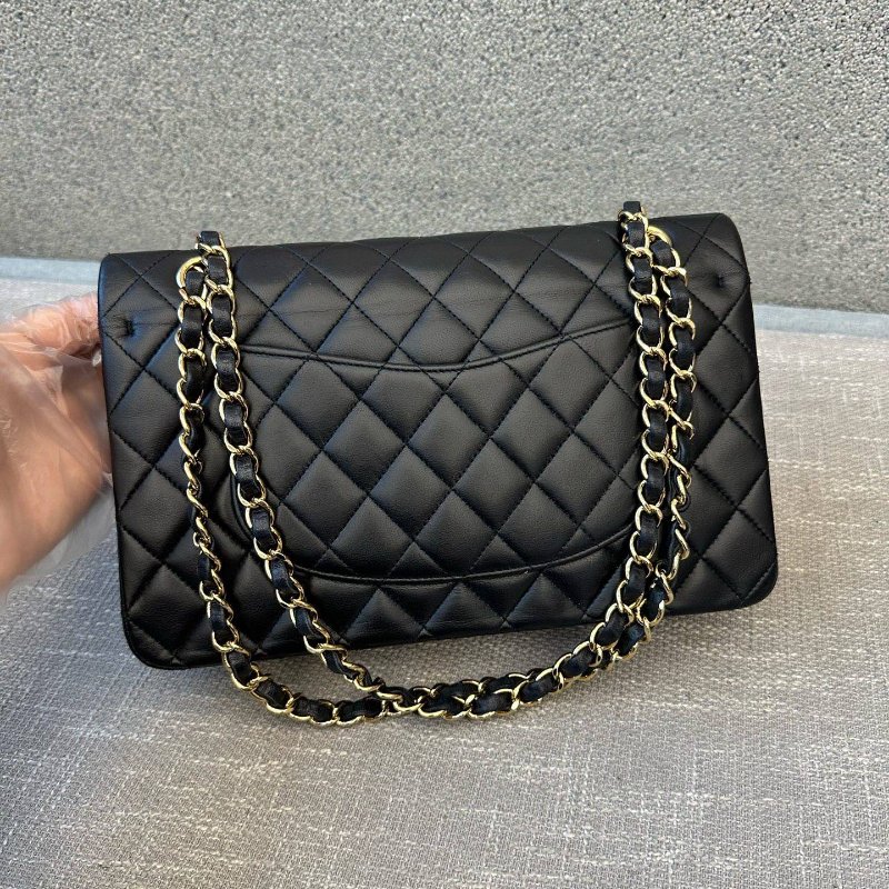 近新品 香奈兒/Chanel CF繫列中號黑金羊皮菱格紋鏈條包-7