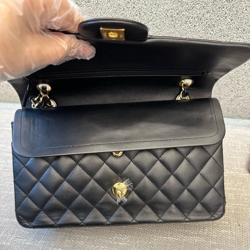 近新品 香奈兒/Chanel CF繫列中號黑金羊皮菱格紋鏈條包-9