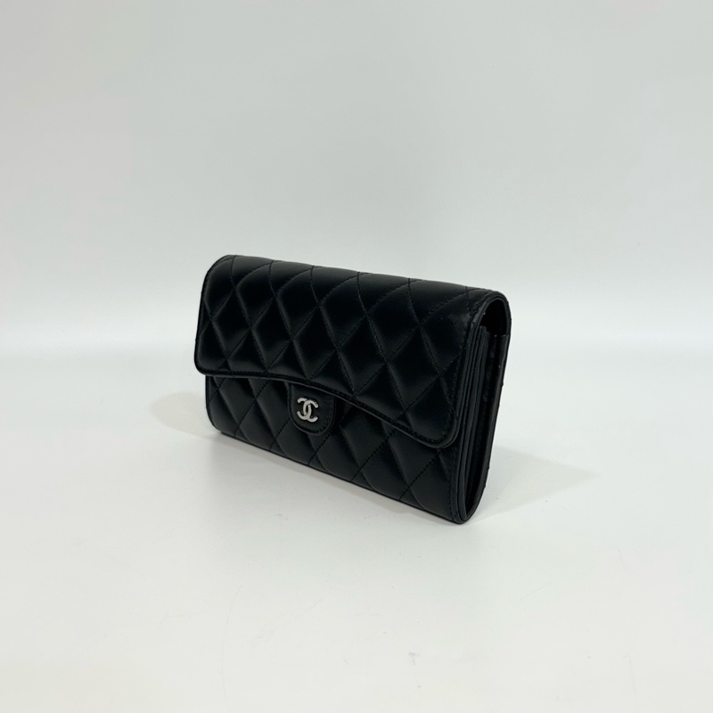 香奈兒經典長夾CHANEL黑銀羊皮COCO下蓋長夾AP0241-2
