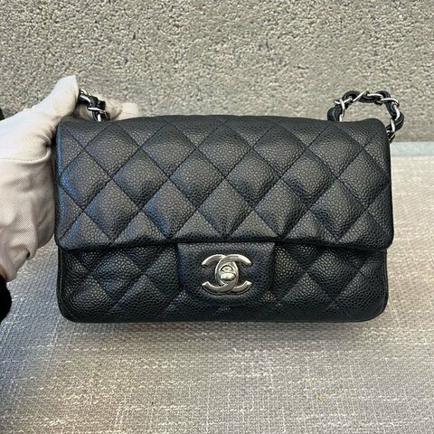 香奈兒/Chanel CF繫列大mini 黑銀荔枝紋鏈條包