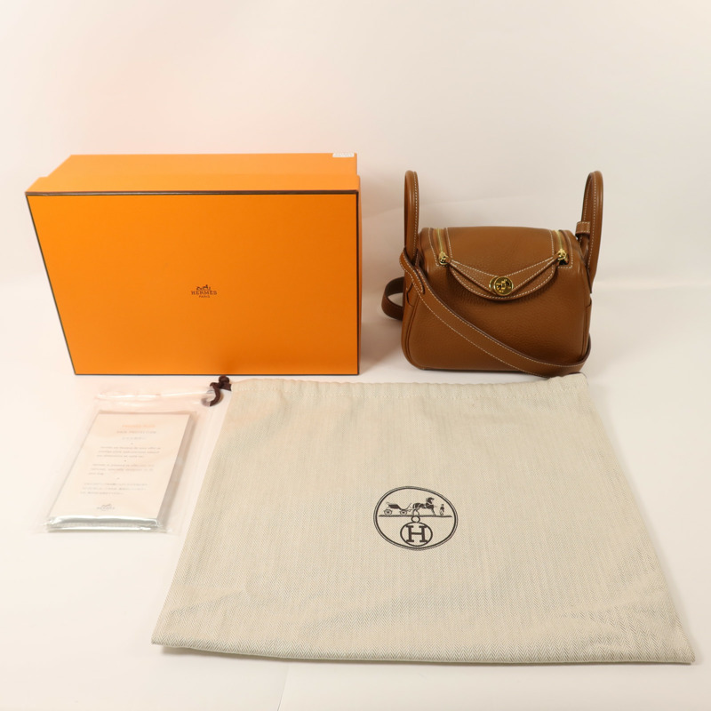 HERMES Clemence皮革Mini Lindy金扣手挽肩背兩用袋Gold-5