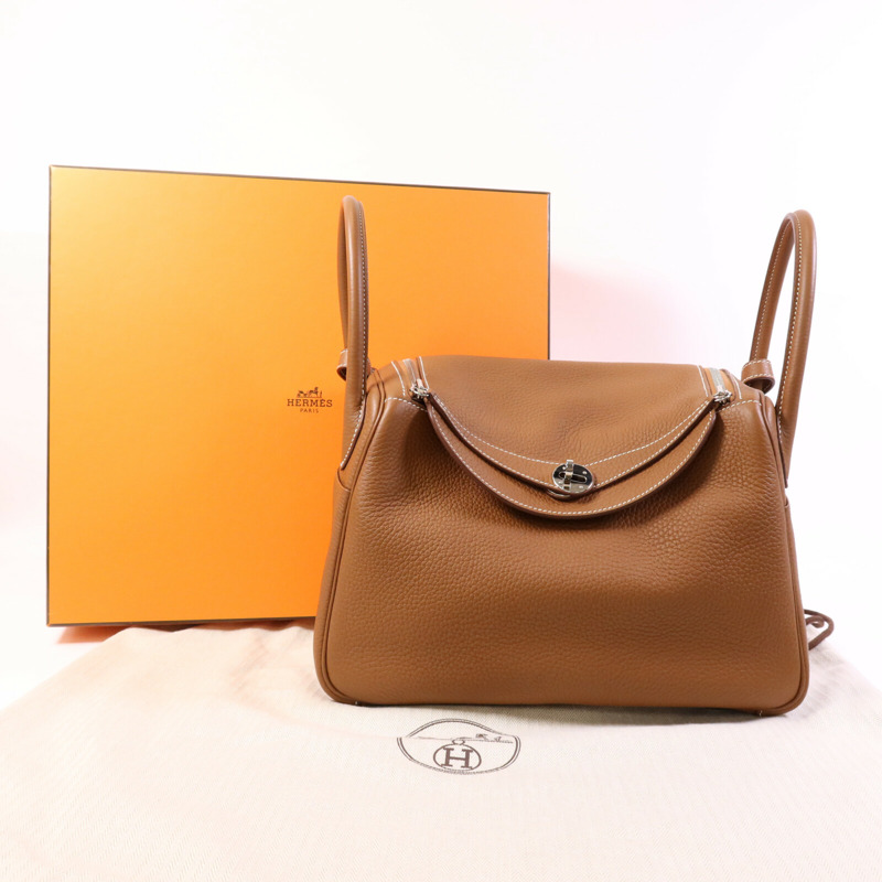 HERMES Clemence皮革Lindy 30銀扣手挽肩背兩用袋Gold-14