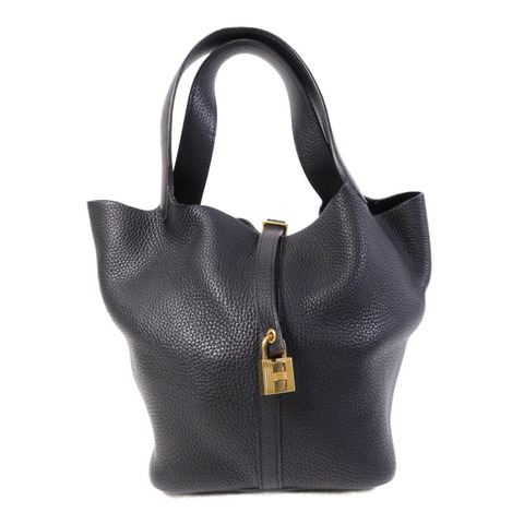 HERMES Clemence皮革Picotin MM金扣手挽袋Noir