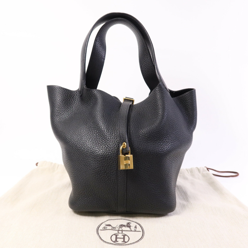 HERMES Clemence皮革Picotin MM金扣手挽袋Noir-15
