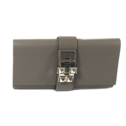 HERMES Swift皮革Medor銀扣手拿包Etain