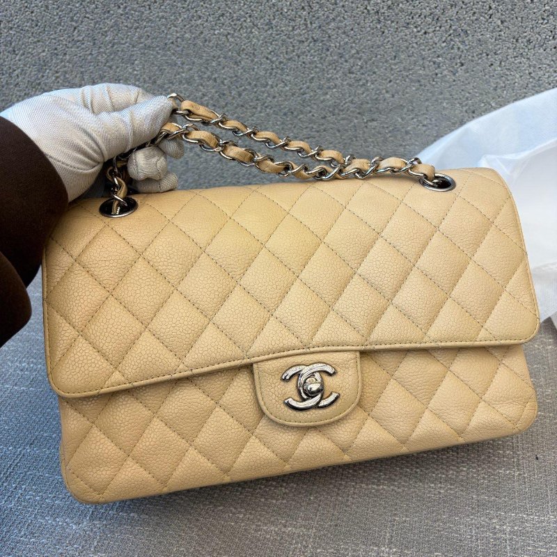 香奈兒/Chanel 米色CF中號 荔枝皮菱格紋鏈條包-0