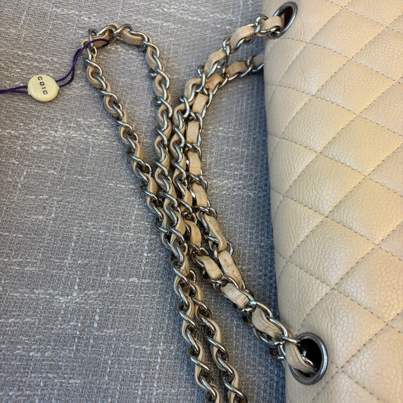 香奈兒/Chanel 米色CF中號 荔枝皮菱格紋鏈條包-15