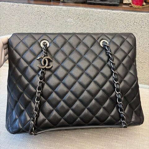 香奈兒/Chanel 黑銀荔枝皮菱格紋鏈條托特包