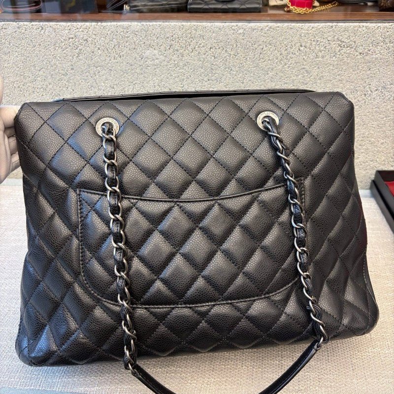 香奈兒/Chanel 黑銀荔枝皮菱格紋鏈條托特包-1