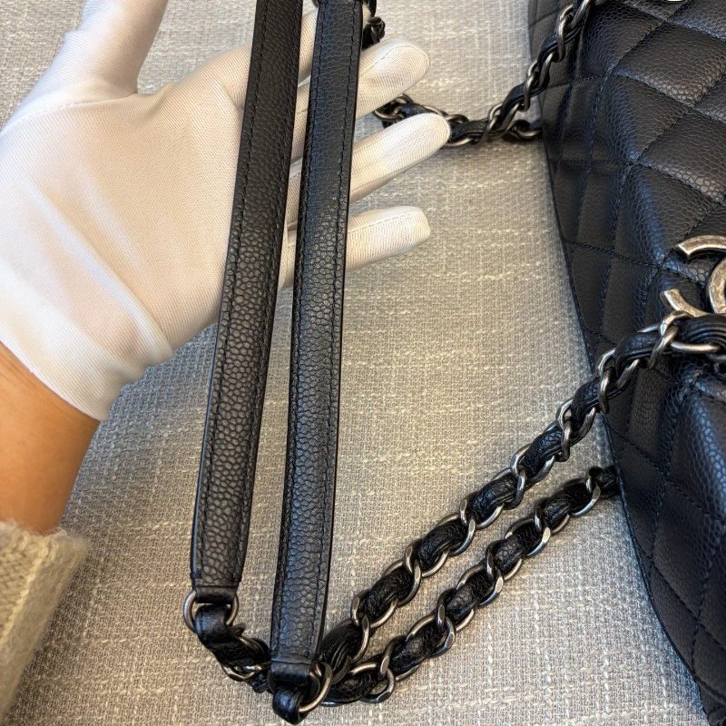 香奈兒/Chanel 黑銀荔枝皮菱格紋鏈條托特包-11