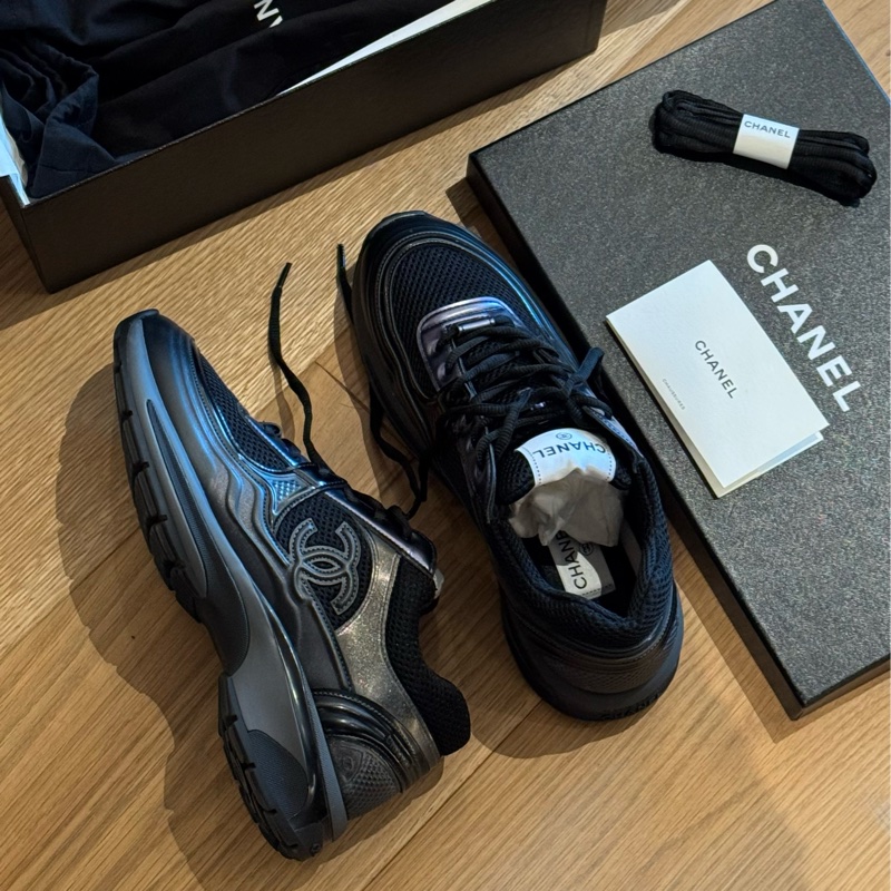 Chanel香奈兒雙c皮革x網面黑運動鞋39.5-1
