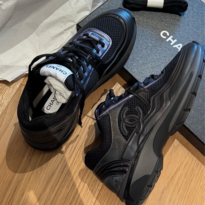 Chanel香奈兒雙c皮革x網面黑運動鞋39.5-2