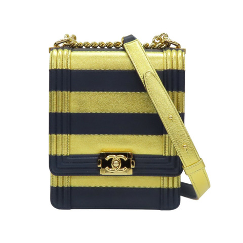 金/深藍色 羊皮 豎版Boy 肩背包【CHANEL 香奈兒】