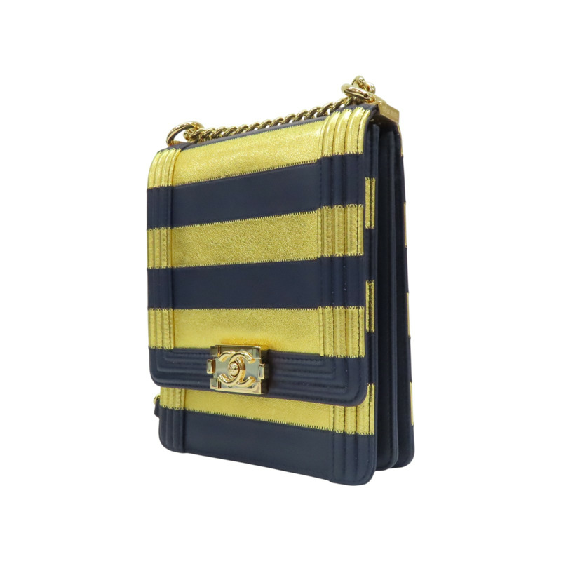 金/深藍色 羊皮 豎版Boy 肩背包【CHANEL 香奈兒】-2