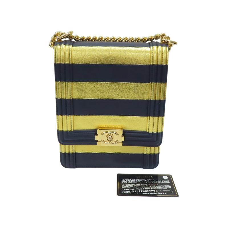 金/深藍色 羊皮 豎版Boy 肩背包【CHANEL 香奈兒】-13