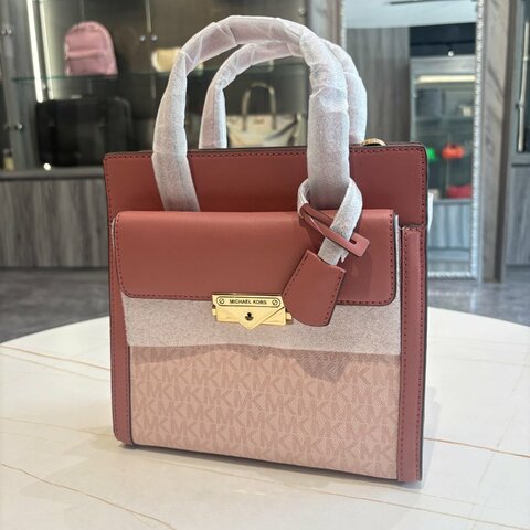 *SHIHNA名牌精品* MK Cece 金色壓扣鎖頭前口袋雙色老花斜背/手提包