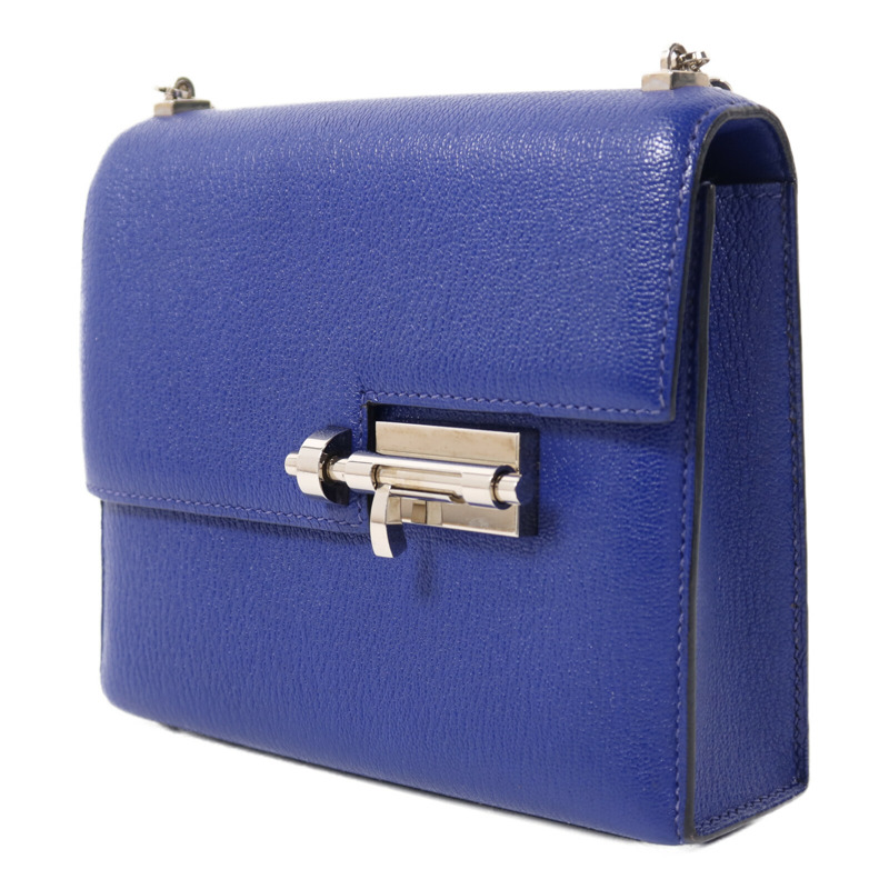 HERMES Chevre皮革Verrou Mini銀扣鏈帶肩背袋Bleu Electrique-2