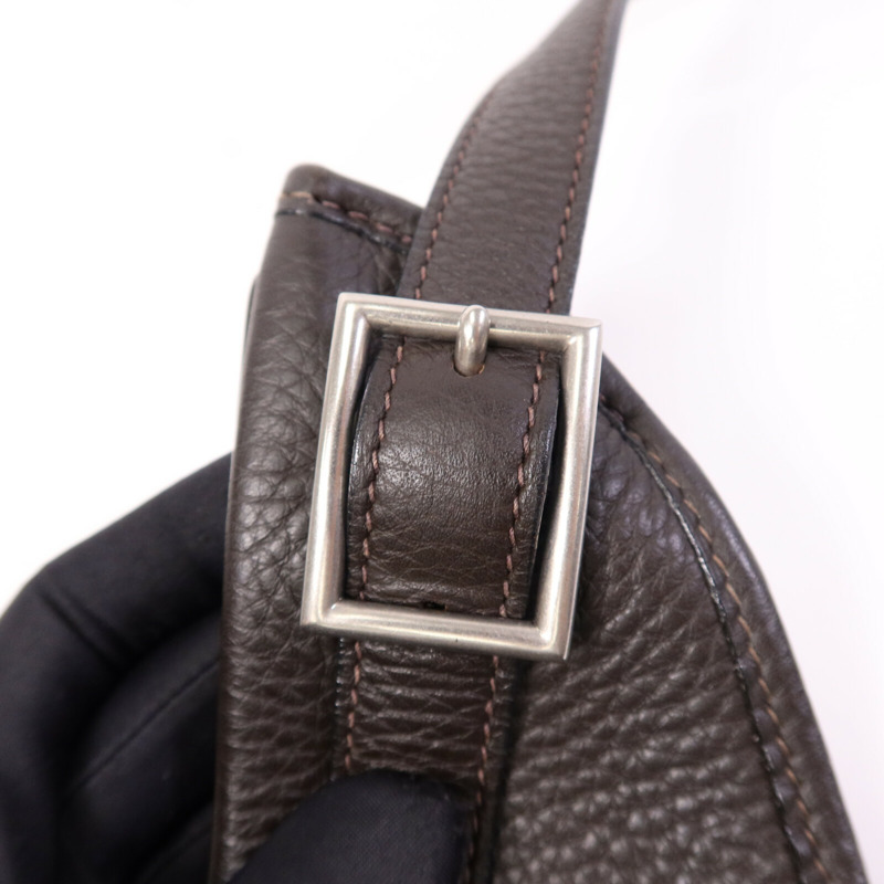 HERMES Togo皮革Massai銀扣肩背袋Chocolate-10