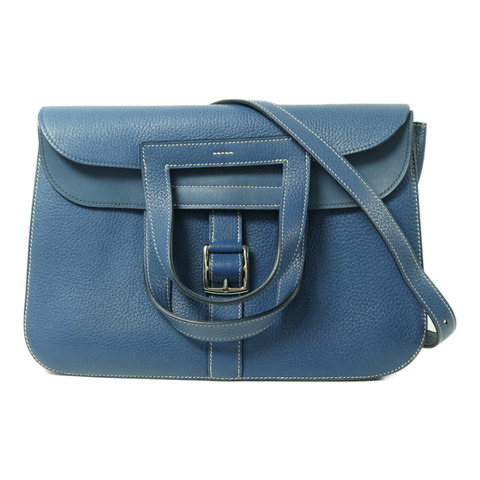 HERMES Clemence皮革Halzan 31銀扣手挽肩背兩用袋Bleu Agate