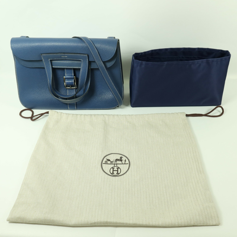 HERMES Clemence皮革Halzan 31銀扣手挽肩背兩用袋Bleu Agate-10