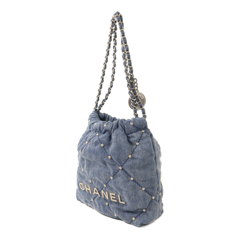 CHANEL 牛仔布Chanel 22 Mini銀扣鏈帶肩背袋-2