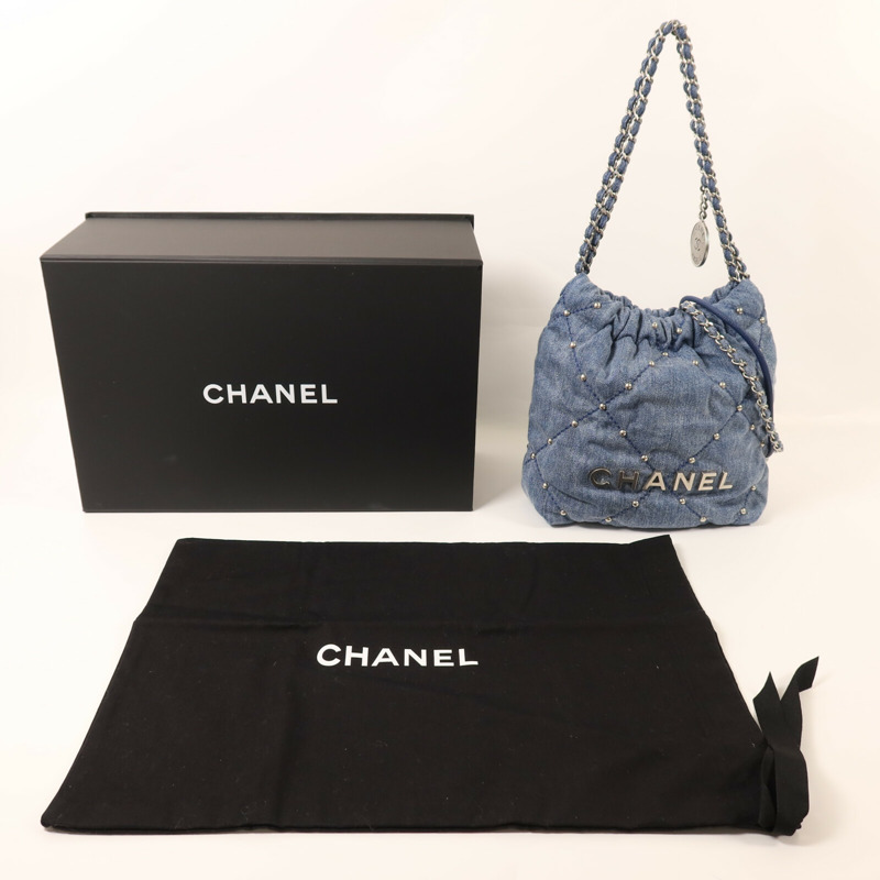 CHANEL 牛仔布Chanel 22 Mini銀扣鏈帶肩背袋-8