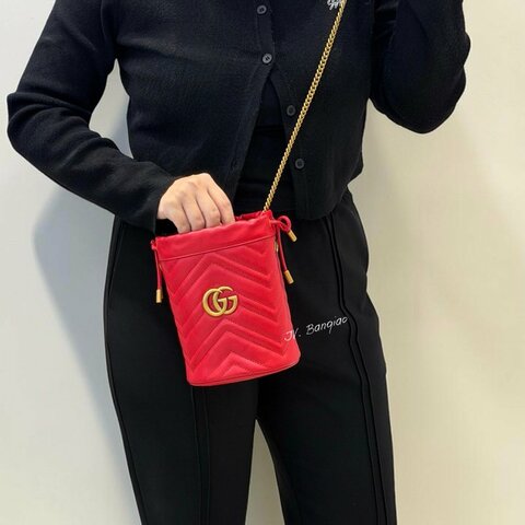 JS1234-GUCCI GG Marmont紅牛皮迷你水桶袋575163