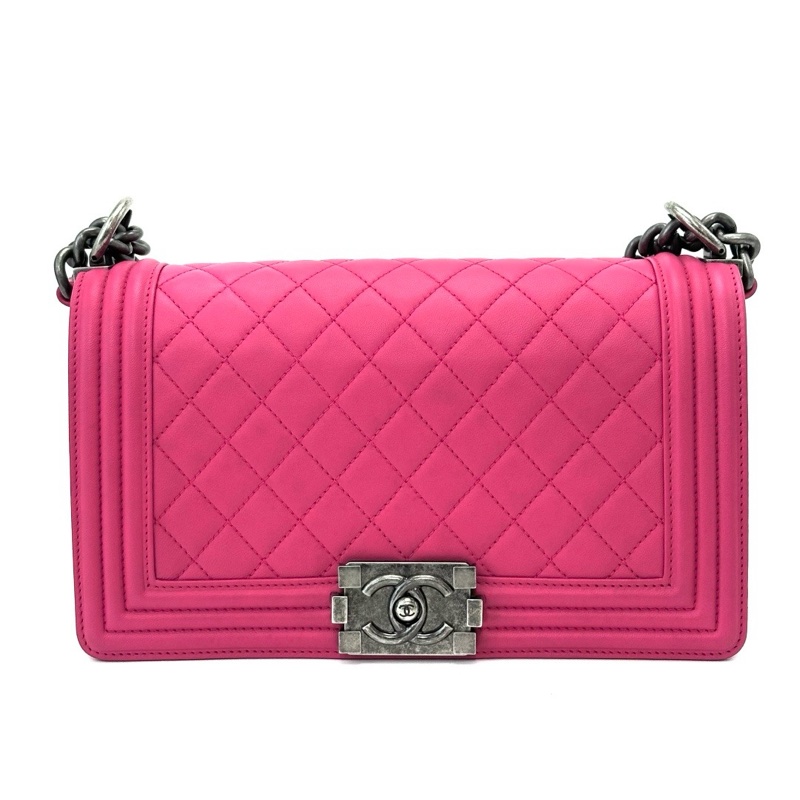 CHANEL香奈兒羊皮桃紅色銀扣Leboy中號單肩斜挎鏈條包-0