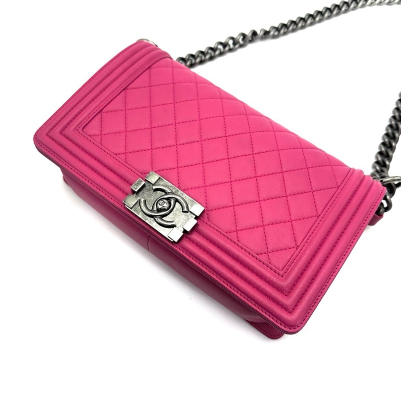 CHANEL香奈兒羊皮桃紅色銀扣Leboy中號單肩斜挎鏈條包-2