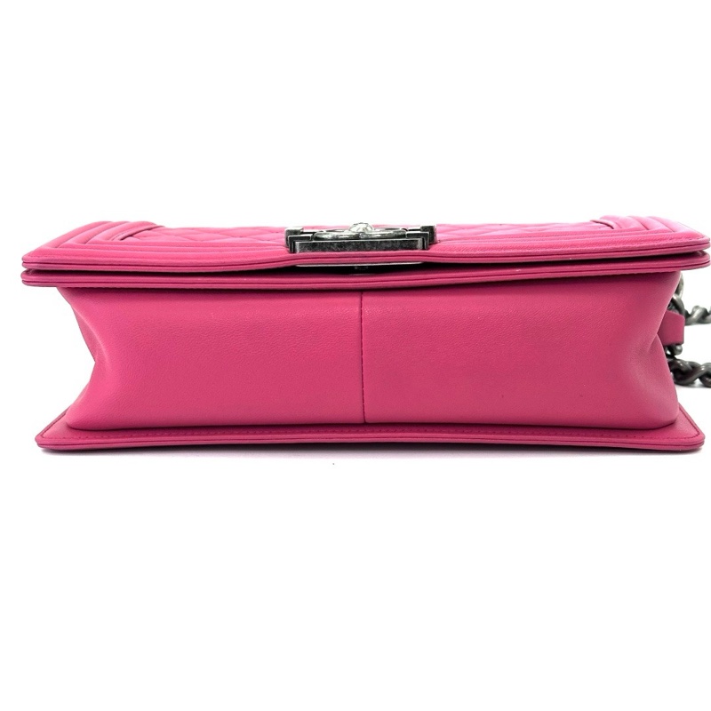 CHANEL香奈兒羊皮桃紅色銀扣Leboy中號單肩斜挎鏈條包-3