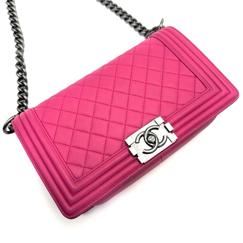 CHANEL香奈兒羊皮桃紅色銀扣Leboy中號單肩斜挎鏈條包-4