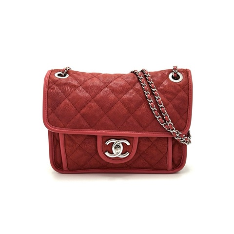 CHANEL香奈兒紅色銀扣CF魚子醬單肩斜挎包