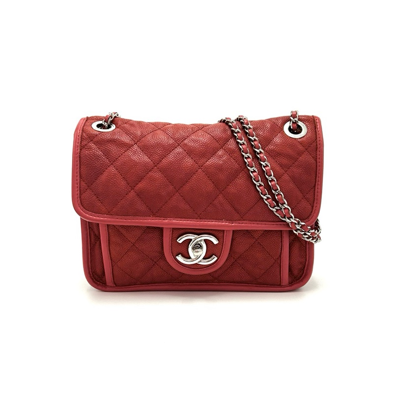 CHANEL香奈兒紅色銀扣CF魚子醬單肩斜挎包-0