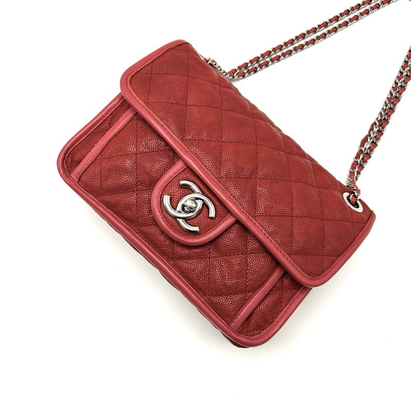 CHANEL香奈兒紅色銀扣CF魚子醬單肩斜挎包-2