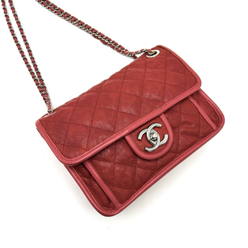 CHANEL香奈兒紅色銀扣CF魚子醬單肩斜挎包-3