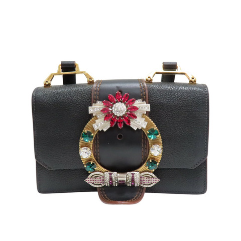 黑色 牛皮 MIU Lady 水晶裝飾 肩背包【MIU MIU 繆繆】 5BH609