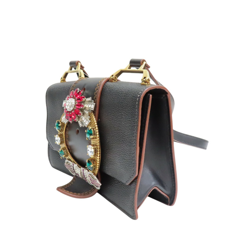 黑色 牛皮 MIU Lady 水晶裝飾 肩背包【MIU MIU 繆繆】 5BH609-2