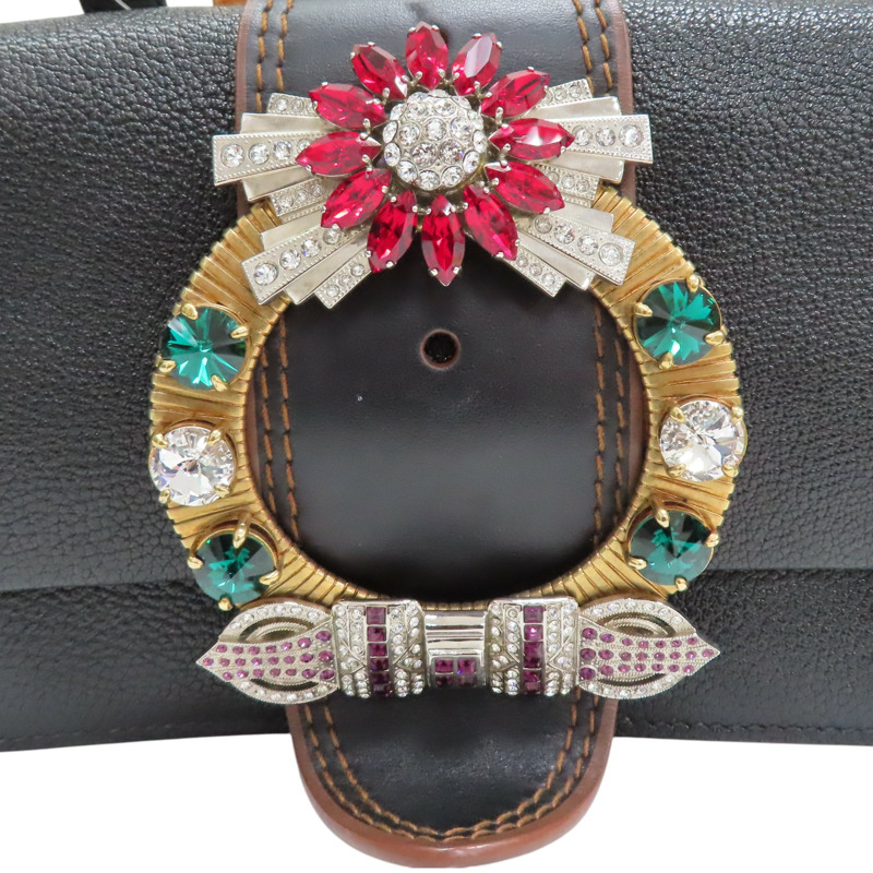 黑色 牛皮 MIU Lady 水晶裝飾 肩背包【MIU MIU 繆繆】 5BH609-5