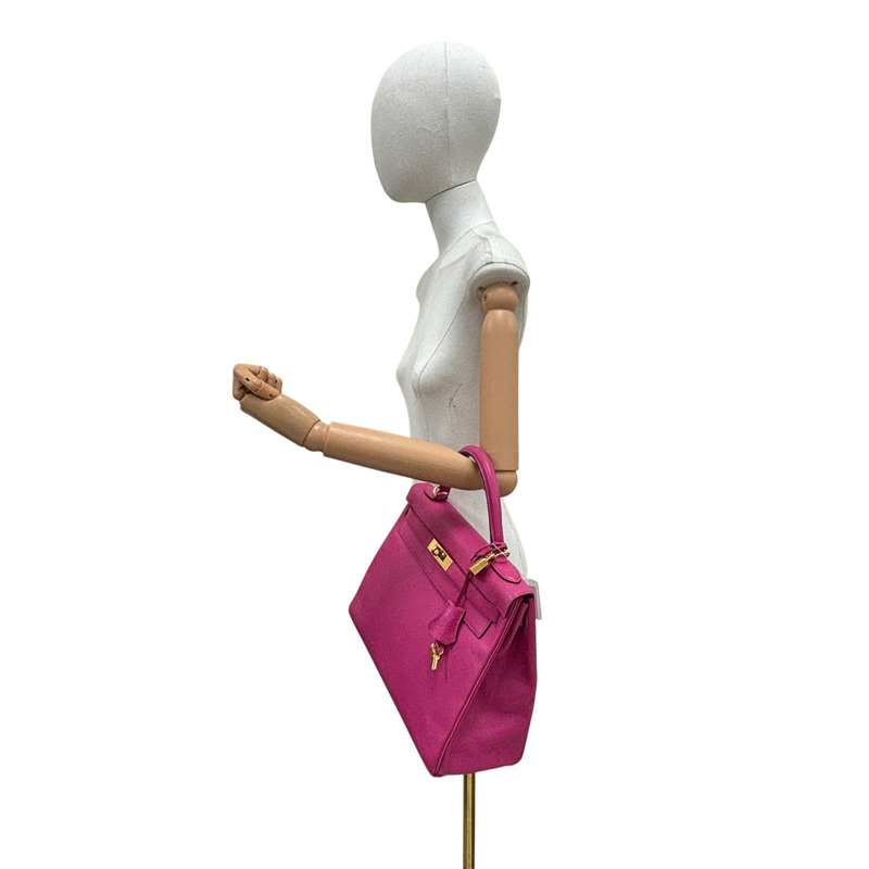 亮桃紅色 山羊皮 Kelly 32 凱莉包 手提包 T刻 金釦 無背帶【HERMES 愛馬仕】-8