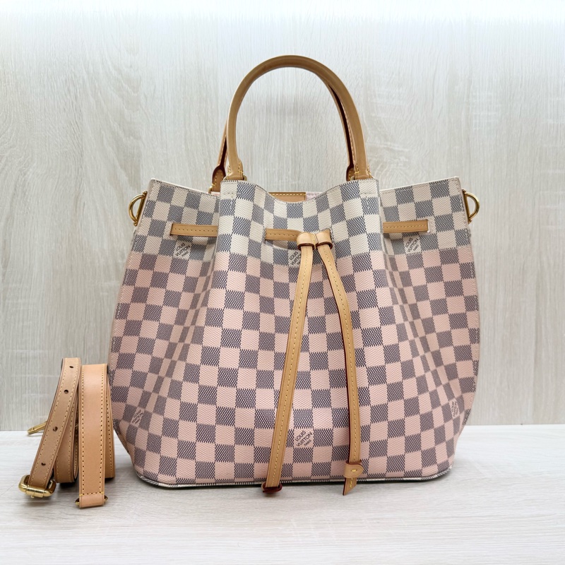 LV 白粉格粉內裡雙耳手提肩背束口水桶包N41579-0