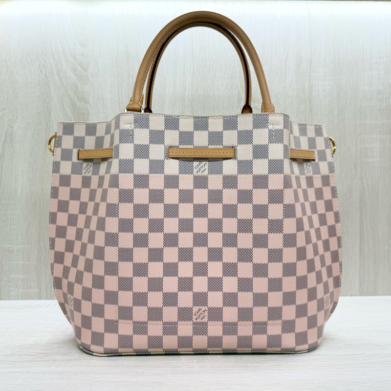 LV 白粉格粉內裡雙耳手提肩背束口水桶包N41579-1