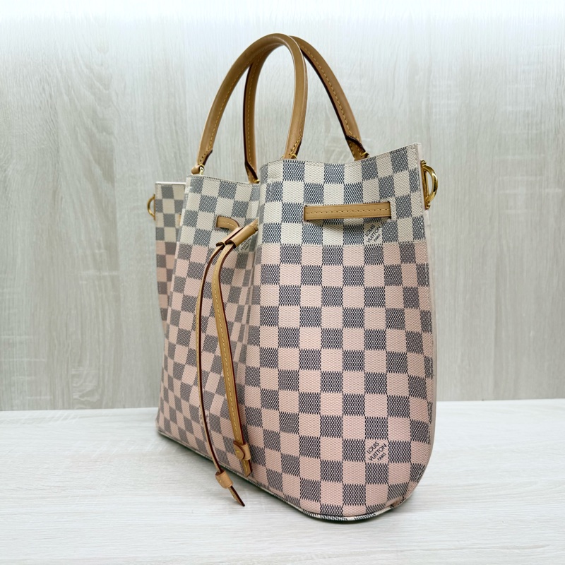 LV 白粉格粉內裡雙耳手提肩背束口水桶包N41579-2