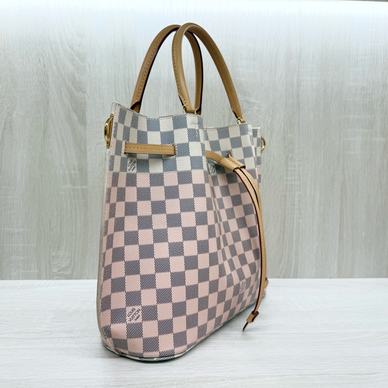 LV 白粉格粉內裡雙耳手提肩背束口水桶包N41579-4