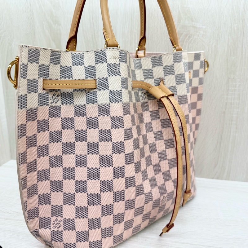 LV 白粉格粉內裡雙耳手提肩背束口水桶包N41579-7