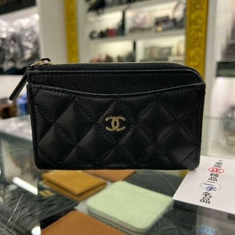 東區正精品㊣CHANEL AP3179 香奈兒黑色荔枝牛皮金L型拉鍊卡片零錢包 RZ6226