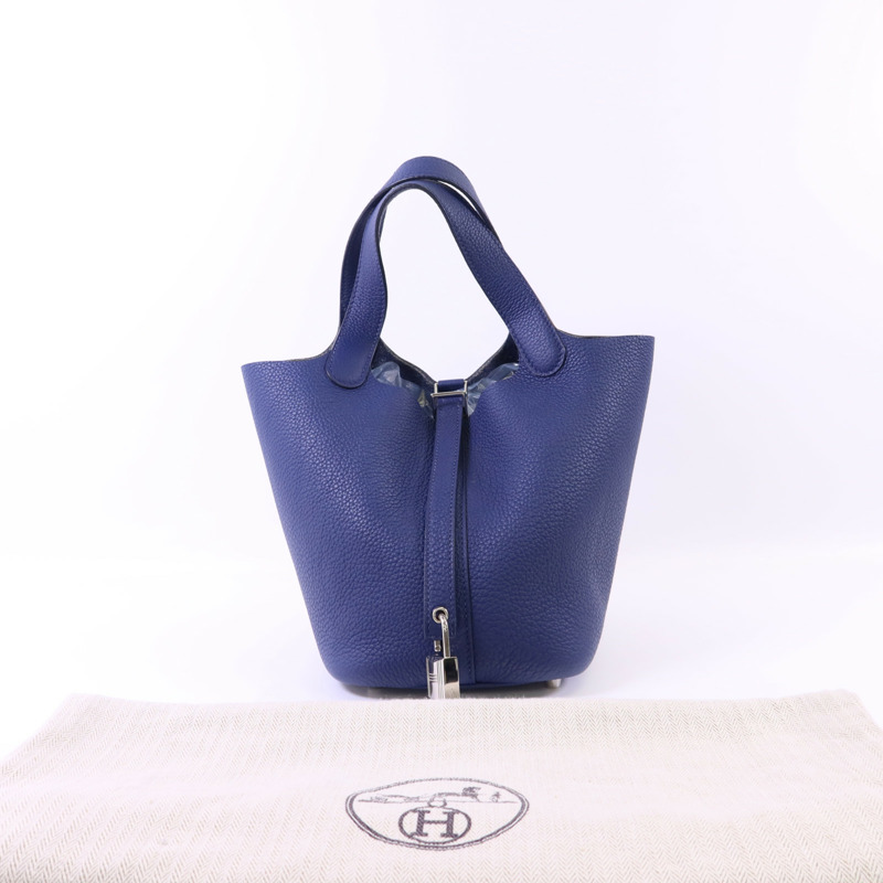 HERMES Clemence皮革Picotin PM銀扣手挽袋Blue Saphir-16