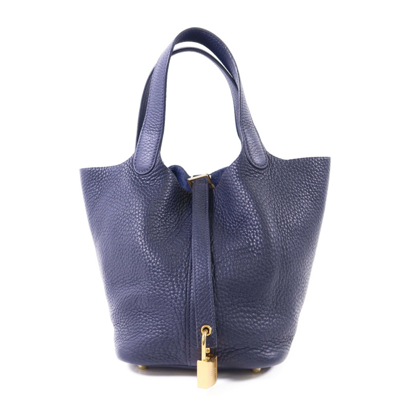 HERMES Clemence皮革Picotin PM金扣手挽袋Bleu Nuit-0
